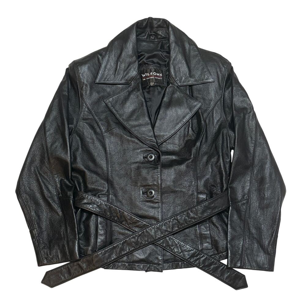 VTG Wilsons Jacket Womens Medium Black Leather Belted Button Front Biker Rare